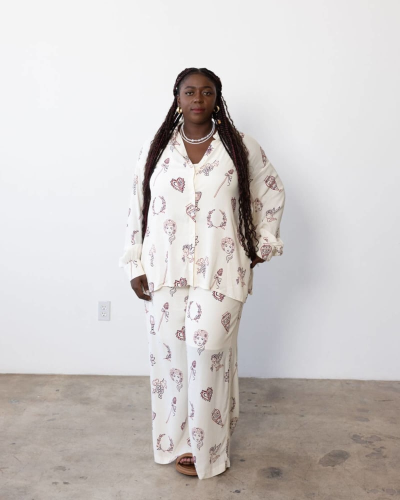 Front of a model wearing a size 4 Adele Oversized Shirt in Cherub Print by Dani Marie. | dia_product_style_image_id:312325